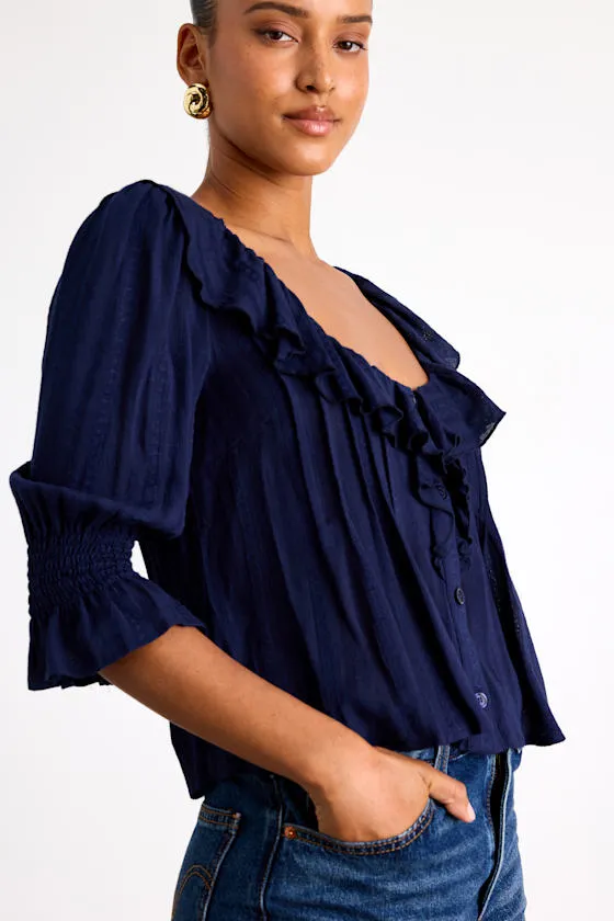 Hermione Navy Ruffled Button-Front Top sold by Lulus product image thumbnail 2