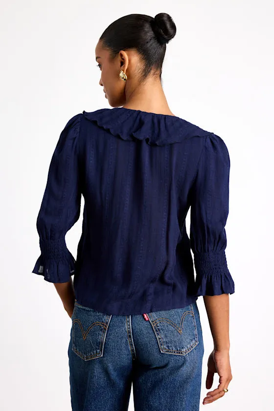 Hermione Navy Ruffled Button-Front Top sold by Lulus product image thumbnail 3