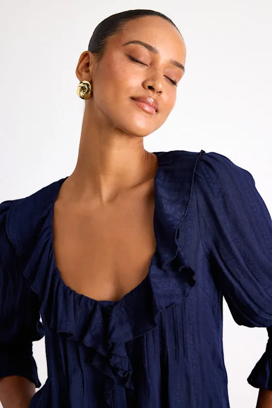 Hermione Navy Ruffled Button-Front Top sold by Lulus product image thumbnail 4