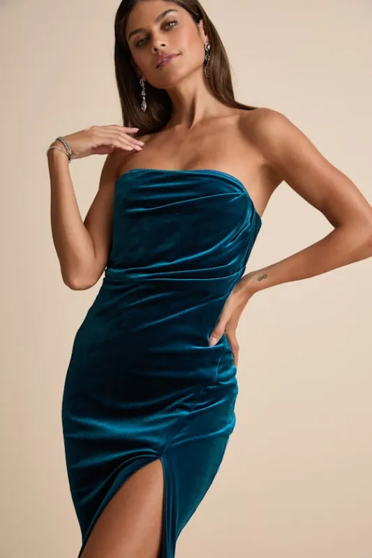 Perfectly Captivating Dark Teal Velvet Strapless Maxi Dress sold by Lulus