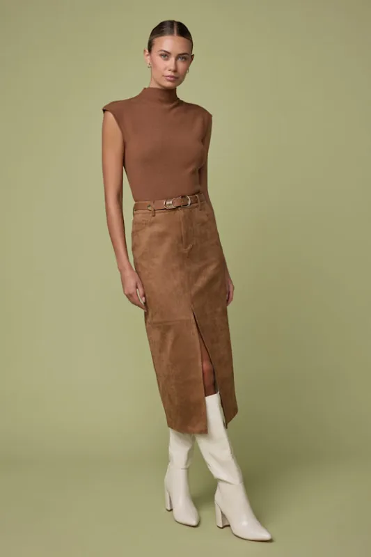Reeves Light Brown Suede Mid-Rise Midi Skirt sold by Lulus