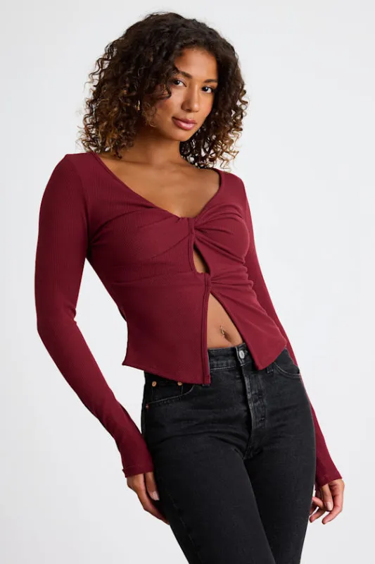 Lumirah Burgundy Ribbed Knot-Front Cutout Long Sleeve Top sold by Lulus
