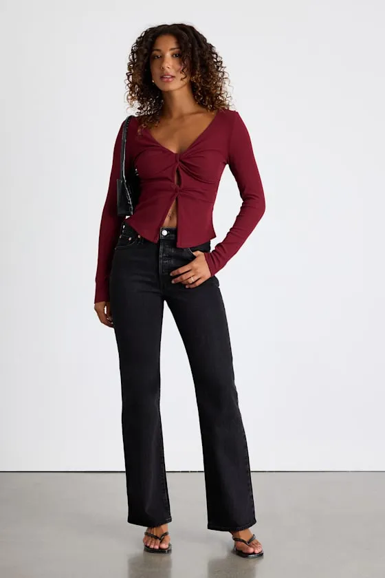 Lumirah Burgundy Ribbed Knot-Front Cutout Long Sleeve Top sold by Lulus product image thumbnail 4