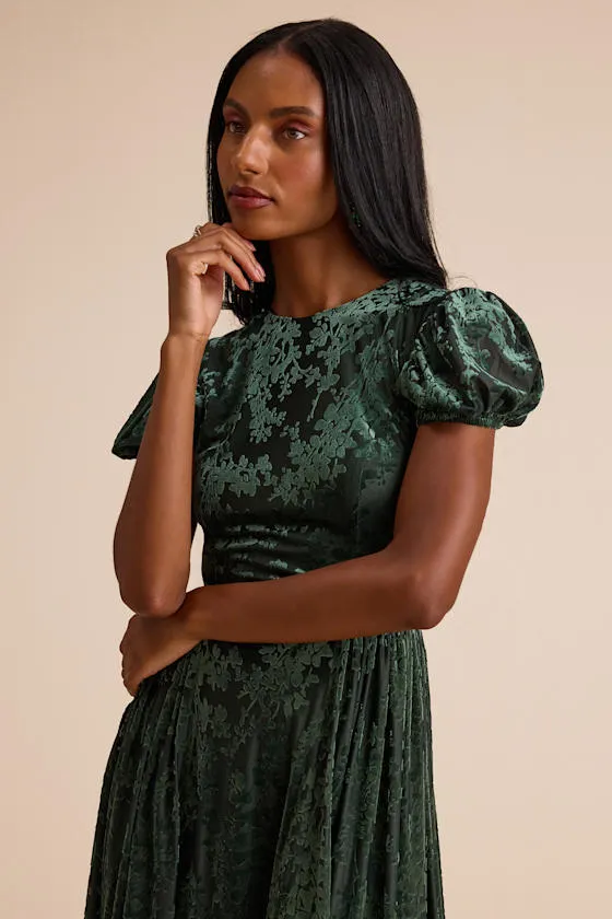 Arlie Emerald Velvet Burnout Puff Sleeve Midi Dress sold by Lulus