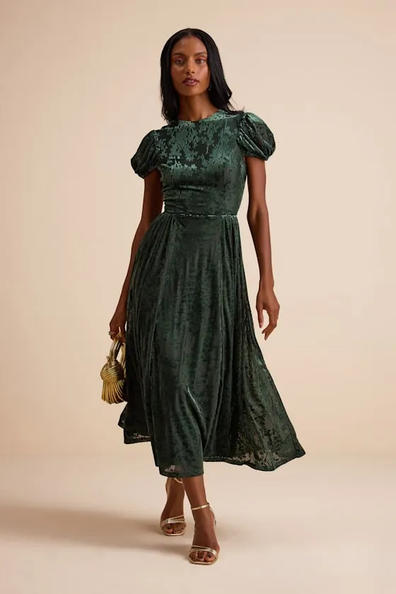 Arlie Emerald Velvet Burnout Puff Sleeve Midi Dress sold by Lulus product image thumbnail 3