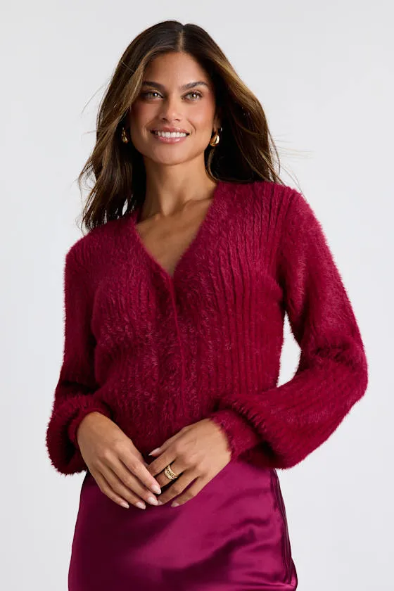 Colby Dark Red Eyelash Knit Button-Front Cardigan Sweater sold by Lulus