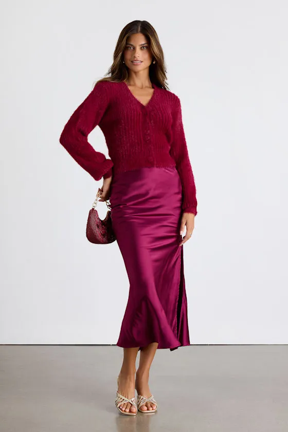 Colby Dark Red Eyelash Knit Button-Front Cardigan Sweater sold by Lulus product image thumbnail 4