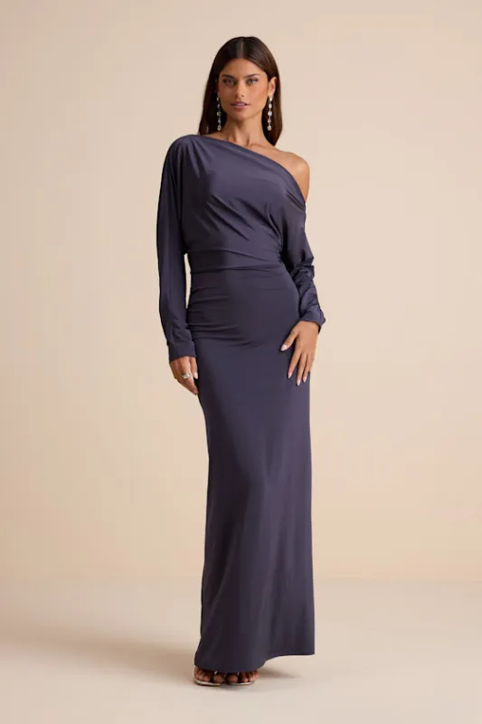 Valani Charcoal Jersey Knit Asymmetrical Long Sleeve Maxi Dress sold by Lulus