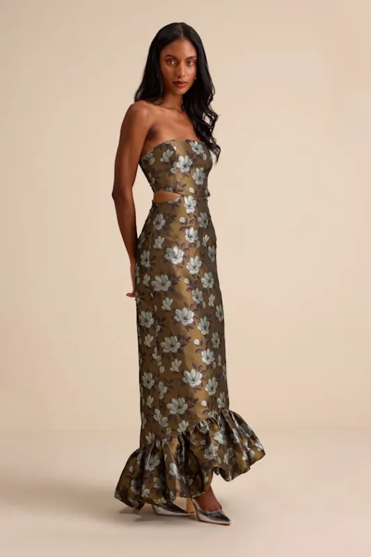 Nathania Olive Floral Jacquard Strapless Bubble-Hem Maxi Dress sold by Lulus