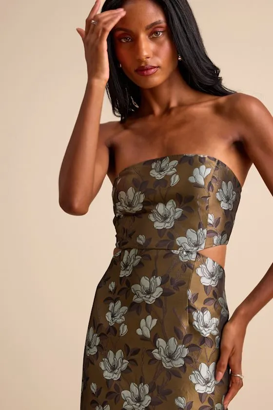 Nathania Olive Floral Jacquard Strapless Bubble-Hem Maxi Dress sold by Lulus product image thumbnail 2