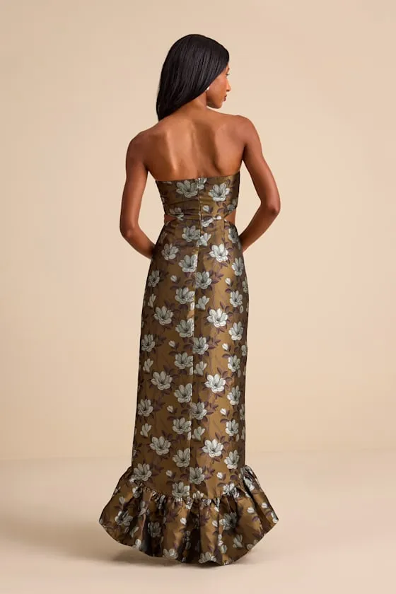 Nathania Olive Floral Jacquard Strapless Bubble-Hem Maxi Dress sold by Lulus product image thumbnail 3