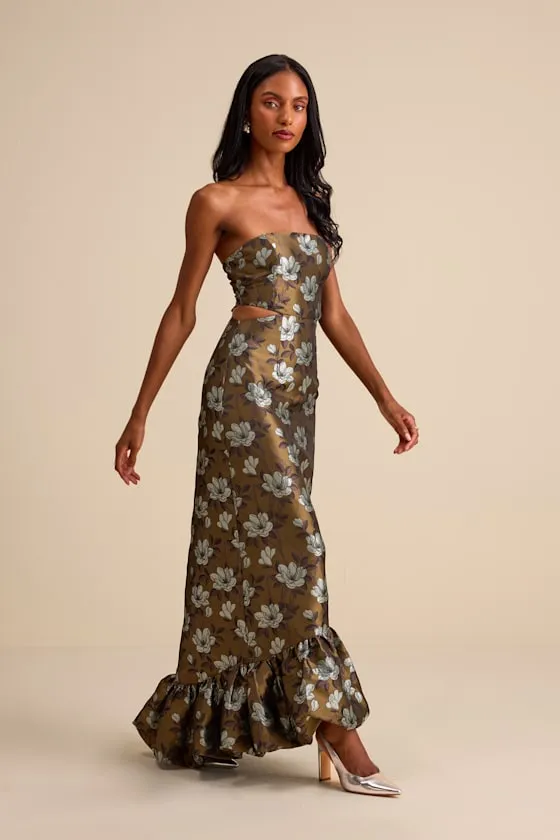 Nathania Olive Floral Jacquard Strapless Bubble-Hem Maxi Dress sold by Lulus product image thumbnail 4