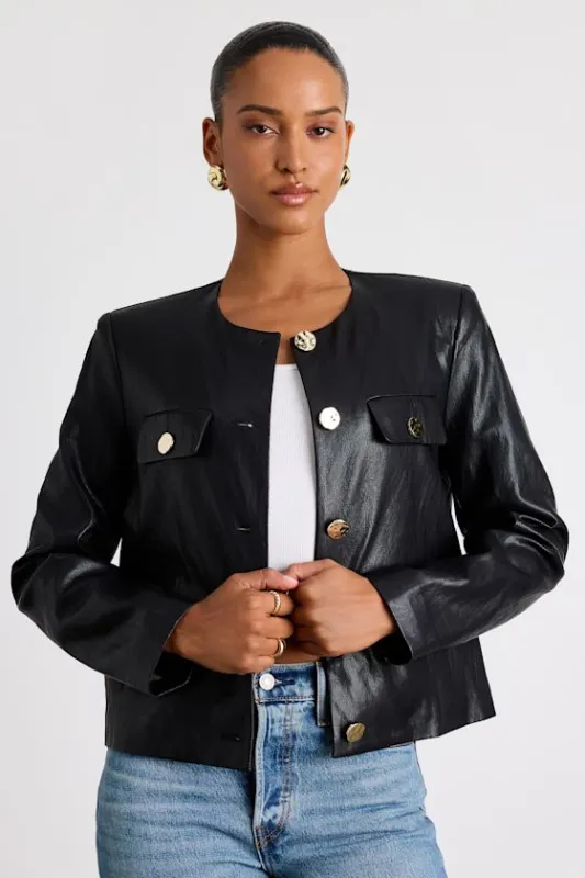 Tabitha Black Vegan Leather Button-Front Jacket sold by Lulus