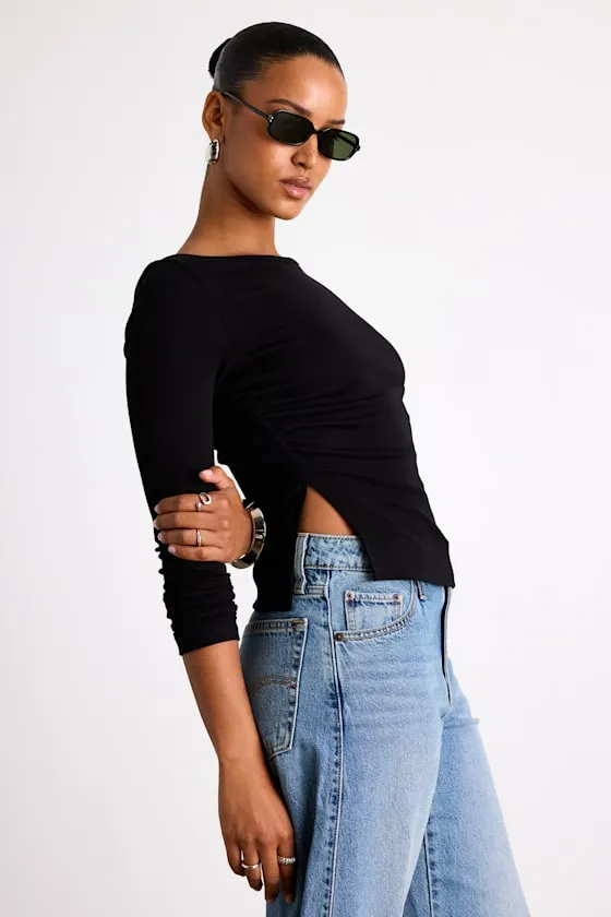 Mehra Boat Neck Side Slit Long Sleeve Top sold by Lulus