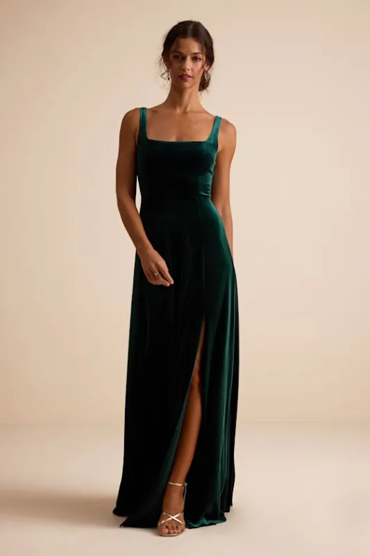 Graceful Invite Emerald Velvet Square Neck Lace-Up Maxi Dress sold by Lulus