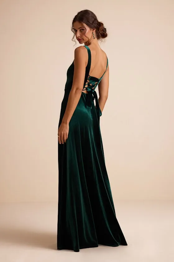 Graceful Invite Emerald Velvet Square Neck Lace-Up Maxi Dress sold by Lulus product image thumbnail 3