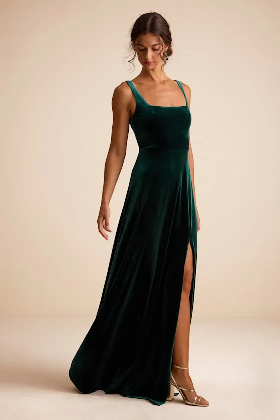 Graceful Invite Emerald Velvet Square Neck Lace-Up Maxi Dress sold by Lulus product image thumbnail 4