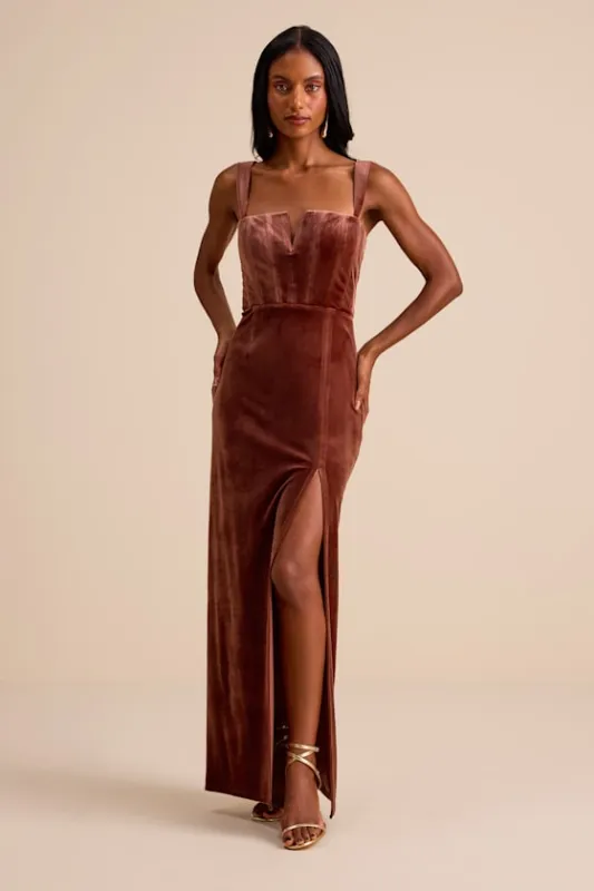 Pristine Luxury Dark Mauve Velvet Bustier Maxi Dress sold by Lulus