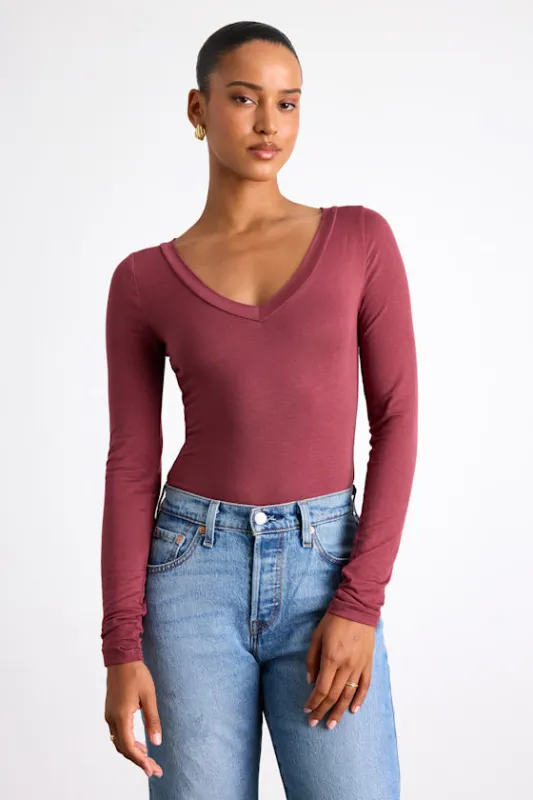 Clean Look Berry Red V-Neck Long Sleeve Bodysuit sold by Lulus