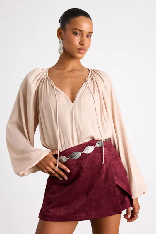 Hestia Beige Gathered Balloon Sleeve Top sold by Lulus