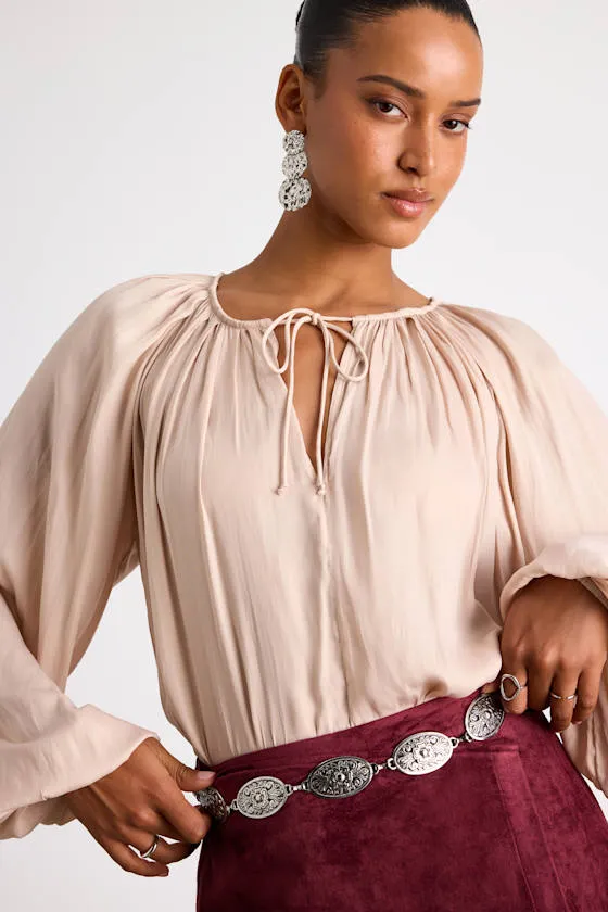 Hestia Beige Gathered Balloon Sleeve Top sold by Lulus product image thumbnail 2