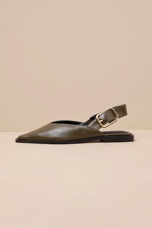 Shay Olive Leather Pointed-Toe Slingback Flats sold by Lulus