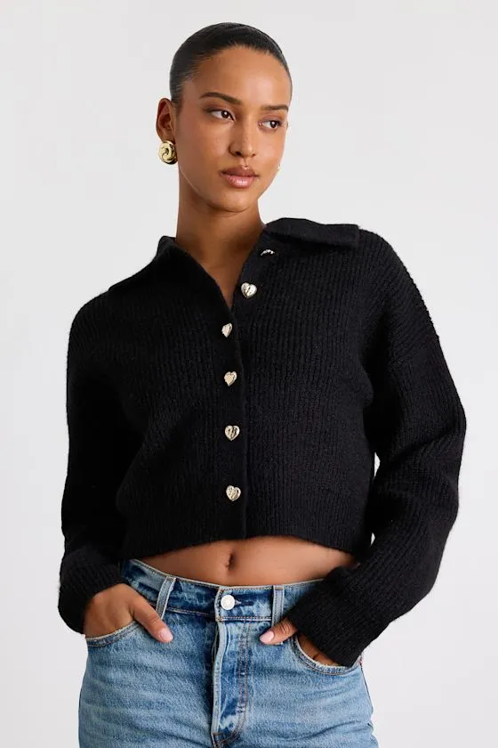 Yavia Black Heart Button Collared Cropped Cardigan Sweater sold by Lulus
