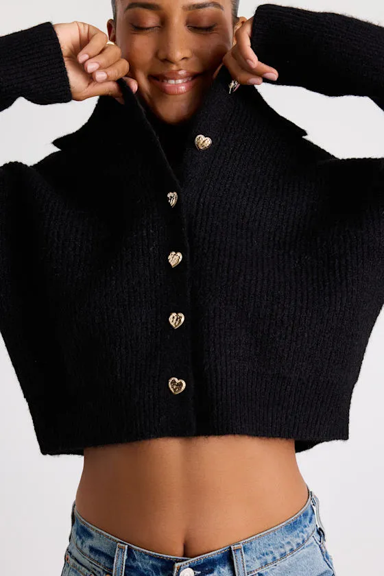 Yavia Black Heart Button Collared Cropped Cardigan Sweater sold by Lulus product image thumbnail 4