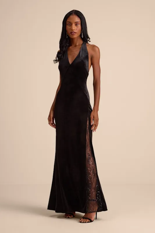 Calisto Black Velvet Halter Mermaid Maxi Dress sold by Lulus