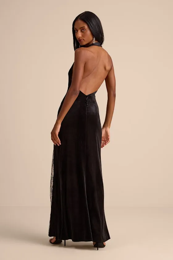 Calisto Black Velvet Halter Mermaid Maxi Dress sold by Lulus product image thumbnail 3