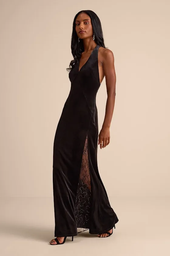 Calisto Black Velvet Halter Mermaid Maxi Dress sold by Lulus product image thumbnail 4