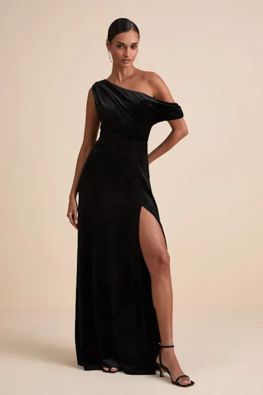 Coveted Confidence Black Velvet Asymmetrical Maxi Dress sold by Lulus