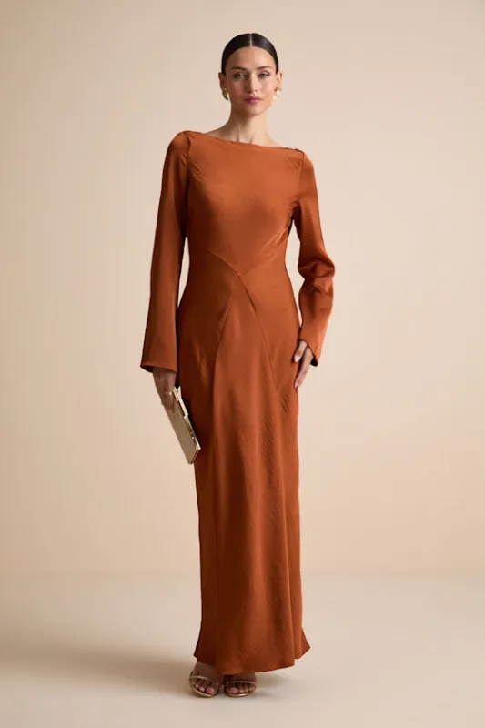 Kae Rust Orange Satin Cowl Back Maxi Dress sold by Lulus