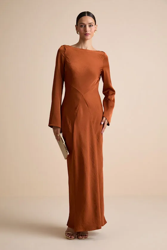 Kae Rust Orange Satin Cowl Back Maxi Dress sold by Lulus