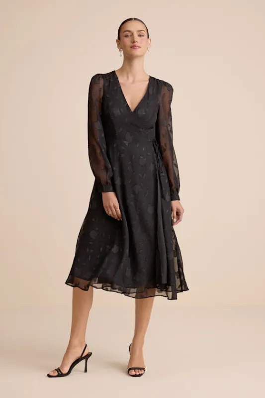 Evening of Elegance Black Floral Jacquard Wrap Midi Dress sold by Lulus