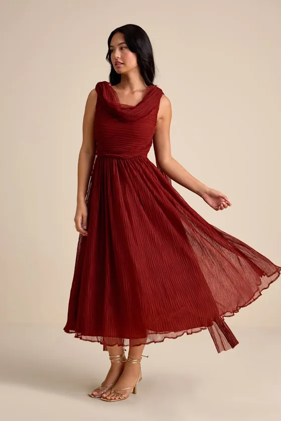 Katreea Rust Red Pleated Cowl Neck Sash Midi Dress sold by Lulus