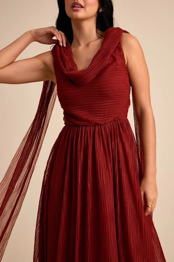 Katreea Rust Red Pleated Cowl Neck Sash Midi Dress sold by Lulus product image thumbnail 2