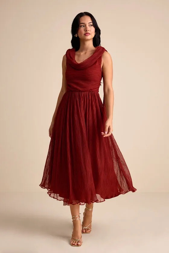 Katreea Rust Red Pleated Cowl Neck Sash Midi Dress sold by Lulus product image thumbnail 3