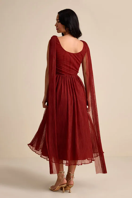Katreea Rust Red Pleated Cowl Neck Sash Midi Dress sold by Lulus product image thumbnail 4