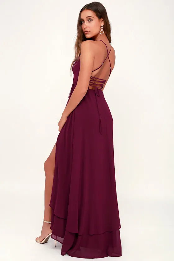 In Love Forever Burgundy Lace-Up High-Low Maxi Dress sold by Lulus product image thumbnail 2