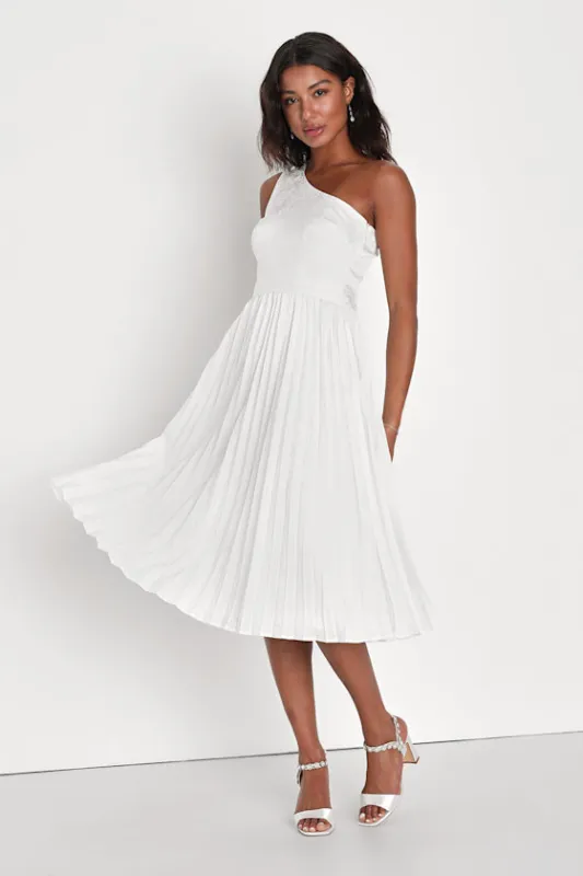 Festive Flirtation White Satin Jacquard One-Shoulder Midi Dress sold by Lulus