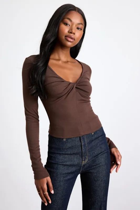 Firona Brown Jersey Knit Twist-Front Long Sleeve Top sold by Lulus