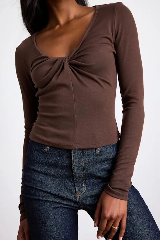 Firona Brown Jersey Knit Twist-Front Long Sleeve Top sold by Lulus product image thumbnail 2
