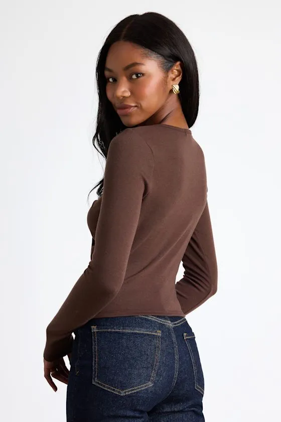 Firona Brown Jersey Knit Twist-Front Long Sleeve Top sold by Lulus product image thumbnail 3