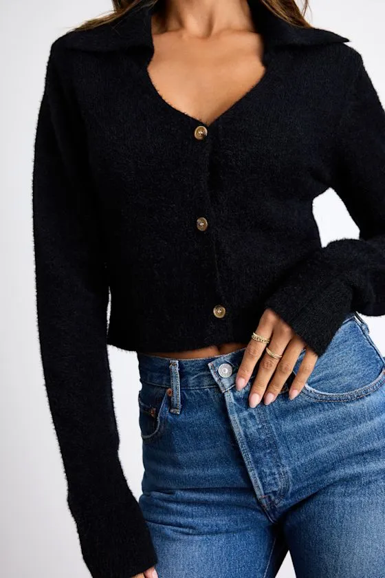 Poehler Black Eyelash Knit Collared Cropped Cardigan sold by Lulus