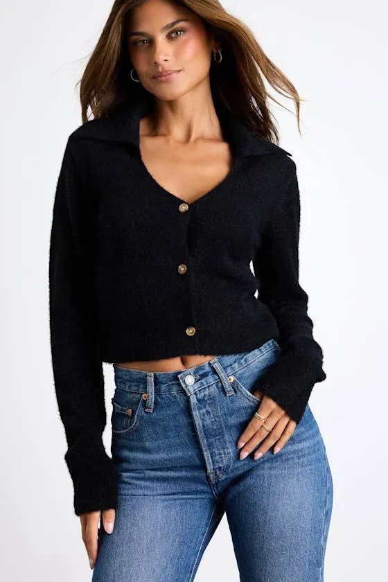 Poehler Black Eyelash Knit Collared Cropped Cardigan sold by Lulus product image thumbnail 2