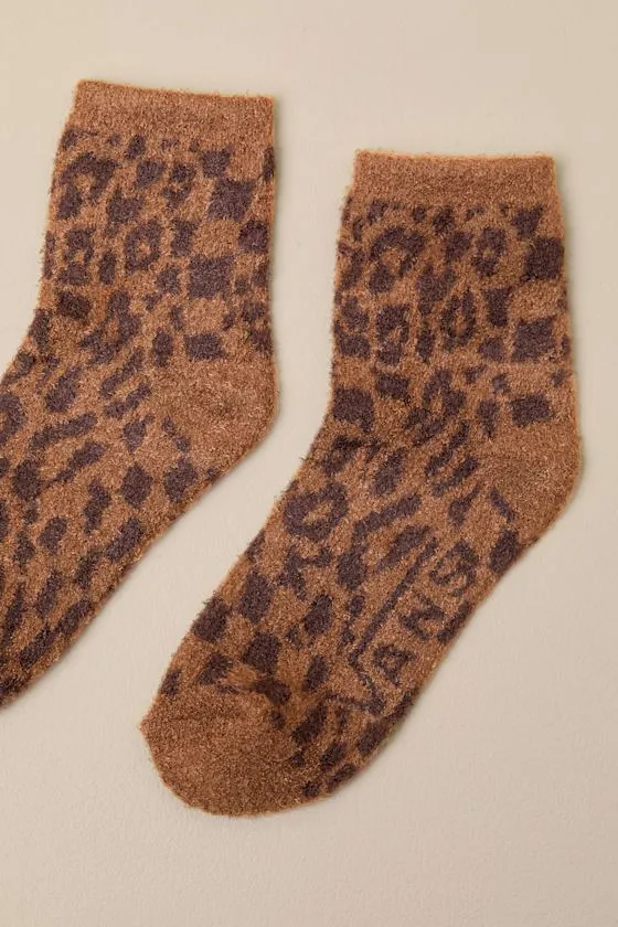 Plaimor Light Brown Leopard Fuzzy Knit Crew Socks sold by Lulus
