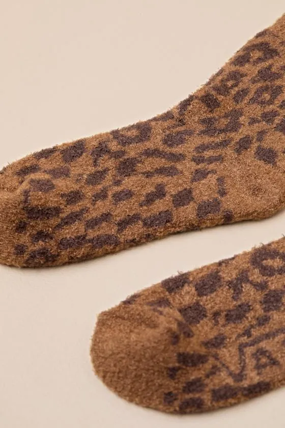 Plaimor Light Brown Leopard Fuzzy Knit Crew Socks sold by Lulus product image thumbnail 2