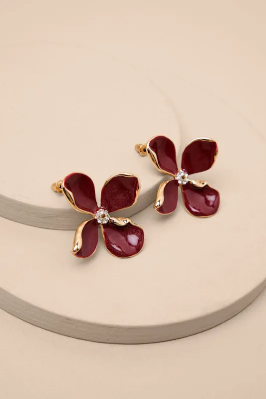 Jelsie Wine Red Flower Statement Earrings sold by Lulus