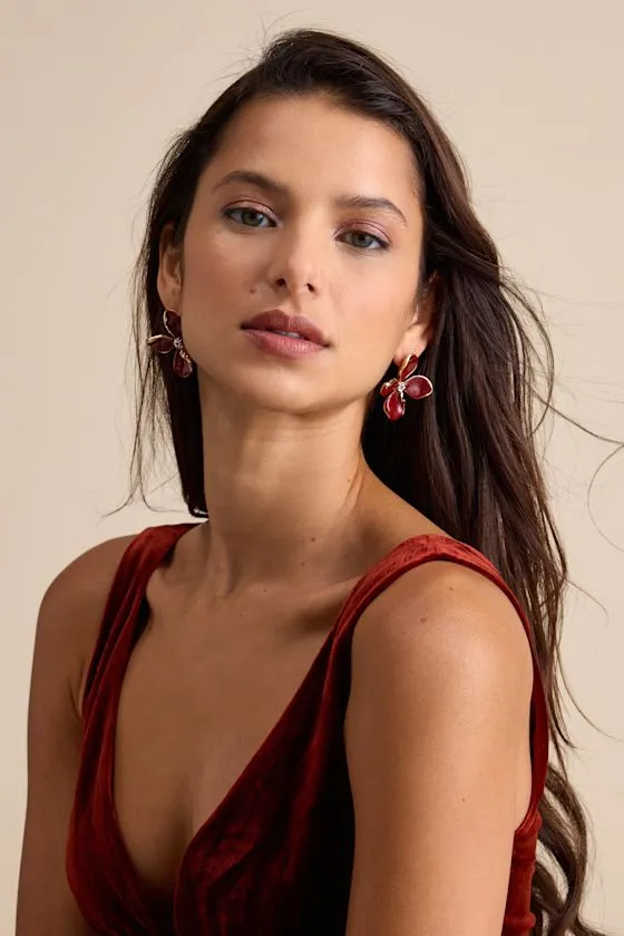 Jelsie Wine Red Flower Statement Earrings sold by Lulus product image thumbnail 4